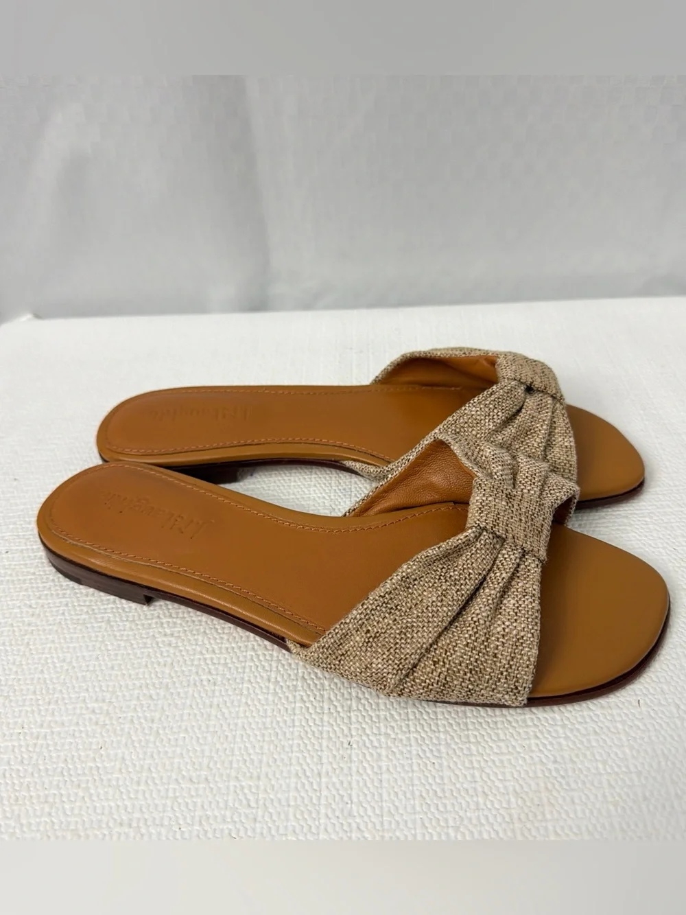 J. McLaughlin Karina Linen Sandals Natural Bow Flats Women’s Size 6.5 Brown - Picture 1 of 9